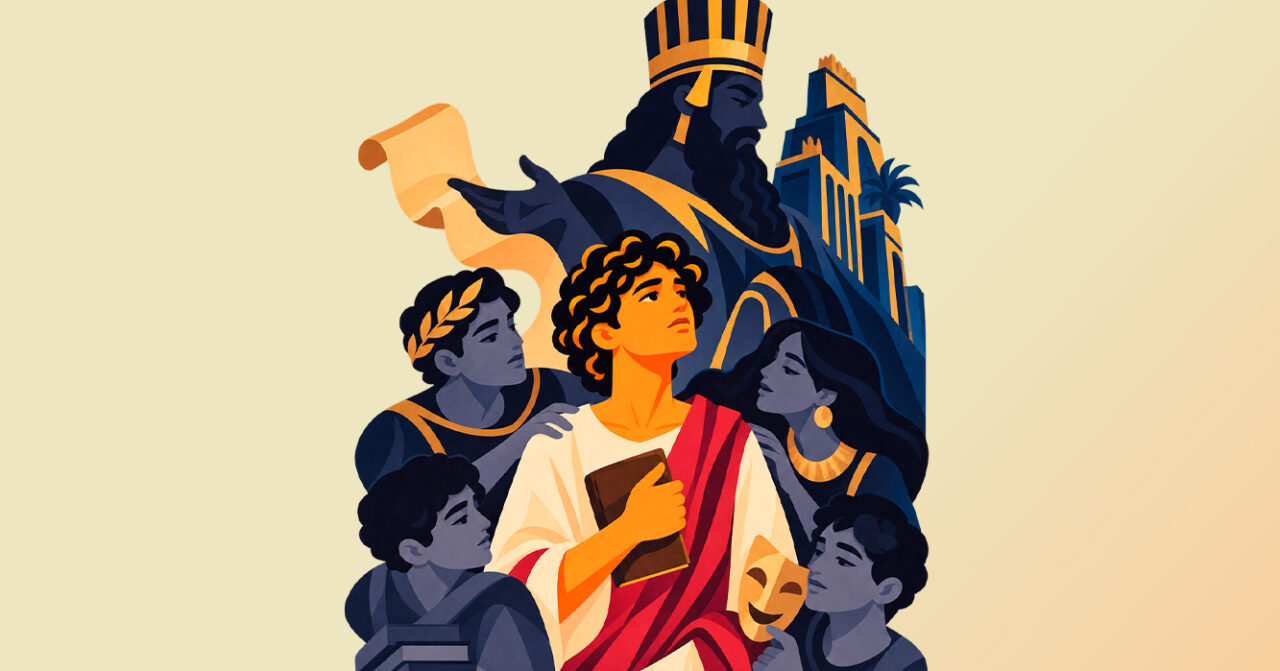 Ilustração mostra um jovem ao centro segurando um livro junto ao peito, cercado por outras pessoas. Ao fundo, aparecem a figura de um governante com vestes e coroa, construções monumentais e elementos que remetem a um antigo império. A composição utiliza tons de azul, laranja, vermelho e bege.